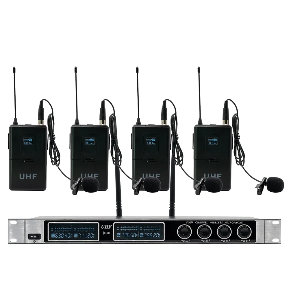 

4 Channel Wireless Microphones System UHF Karaoke System Cordless 4 bodypack Mic for Stage Church Use for Party