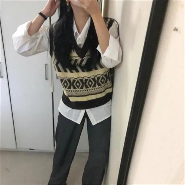 Black Vest Новинка, корейский стиль, винтажный вязаный жилет с v-образным вырезом, Повседневная белая блузка, Зимние Топы для женщин - Цвет: Black Vest