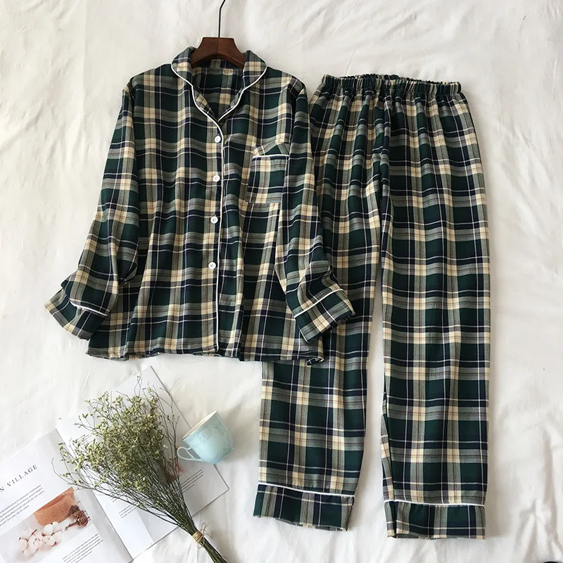 Women Pajamas 2 Пижамы для пар с длинными рукавами, весенний пижамный комплект из двух предметов, клетчатая одежда для сна с принтом, хлопковая утепленная женская домашняя одежда - Цвет: Women Pajamas 2