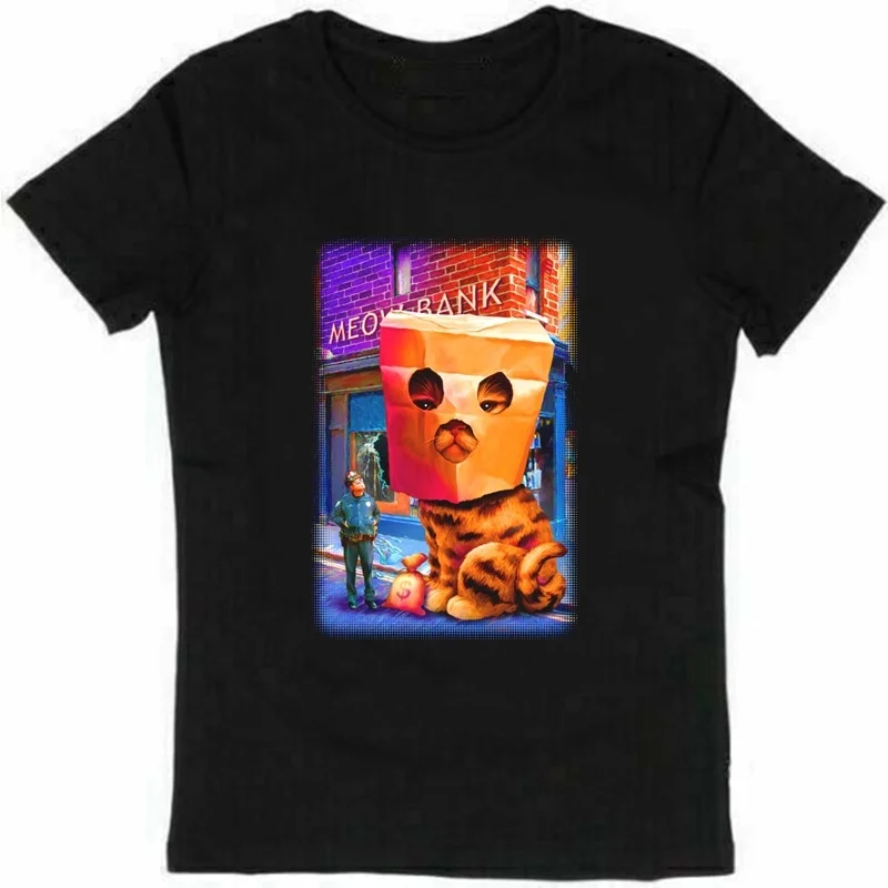 Гигантский кот грабежи винтажные мужские футболки Черный Хлопок Аниме рубашка Kawaii уличная летняя футболка с коротким рукавом модная