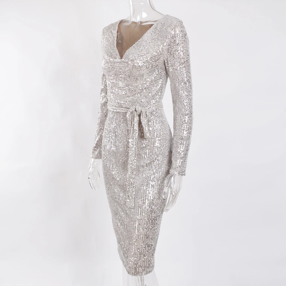 Серебряное Sequind миди платье с длинными рукавами пояса Сплит ноги Bodycon стрейч платье