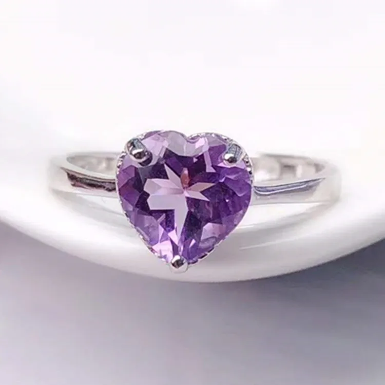 

925 Silver Inlaid Natural Amethyst Adjustable Adjustable Ring Romantic Heart Shape Modeling Ladies' Elegant Wind