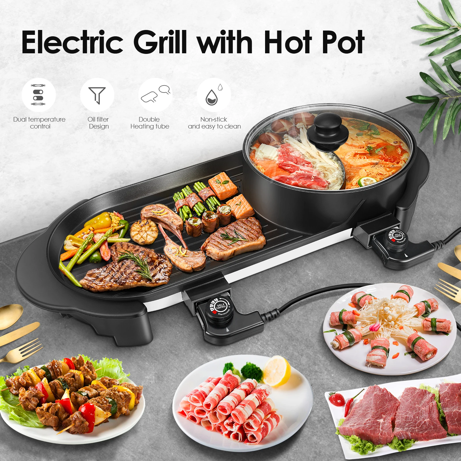 2 in 1 Electric Grill Indoor Hot Pot Barbecue Multifunctional