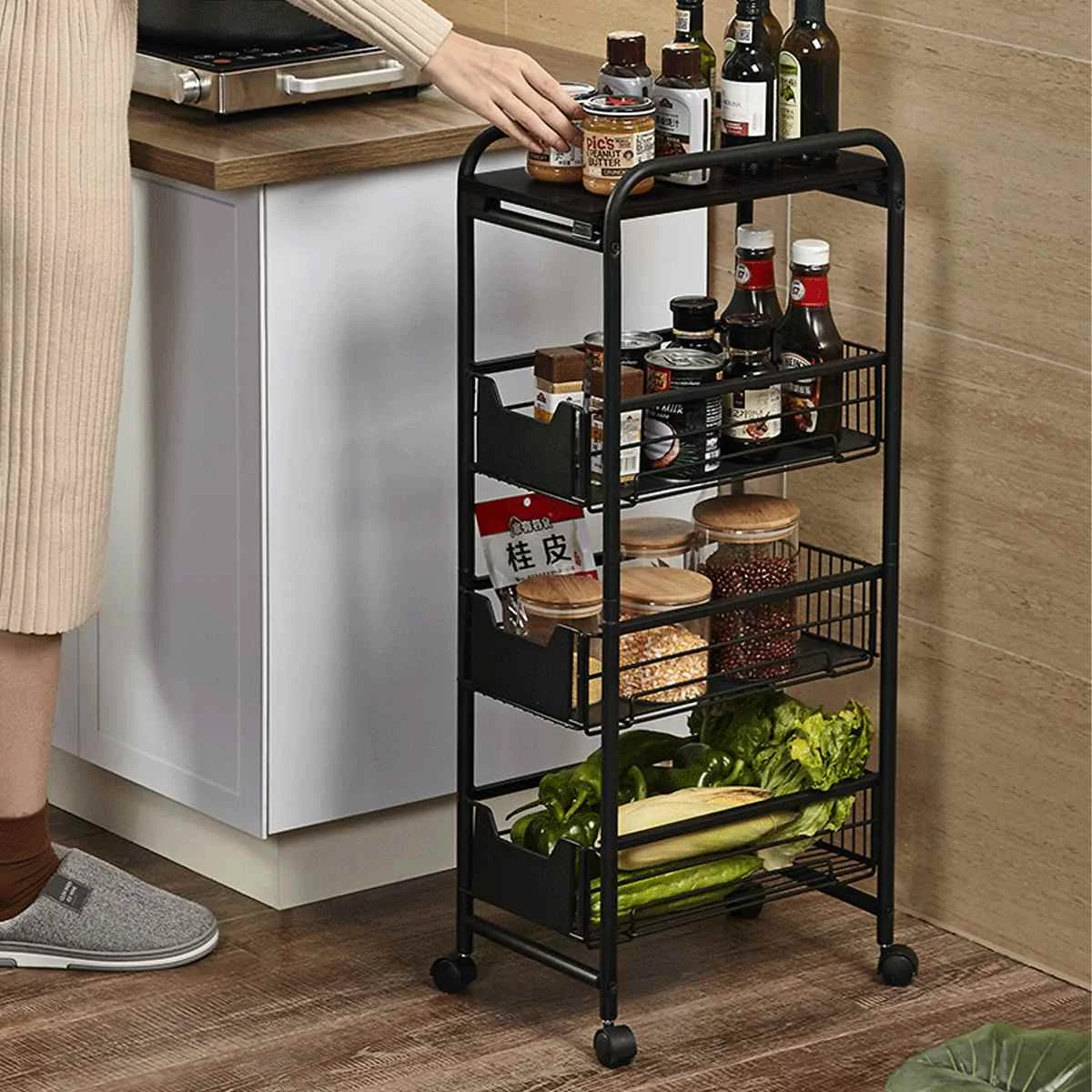 Multifunction 4 Tiers Kitchen Trolleys Storage Rack Food Drinks