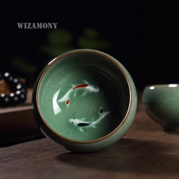 

2pcs Chinese Longquan Celadon Porcelain China Teacups SaucerTea Bowl Golden Fish 70ml China Tea Pot Celadon Crackle Tea Set