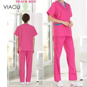 

Viaoli women Medical Uniforms Nursing Scrubs Clothes short Sleeve coat Doctor Clothing Brush hand clothing Blue and pink