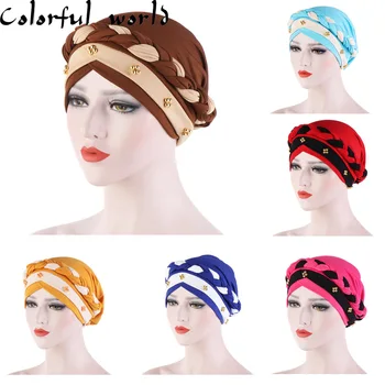 

2020 New Muslim Beads Braid Toque hat Turban Hijab Islamic Ladies Stretch Head Scarf Double Color Gold Pearl Set of Head Cap