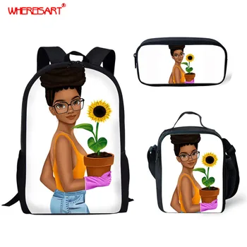 

WHEREISART 3Pcs/Set Black Art Girls Cute Middle School Bags for Girl Children Book Bags Black Princess Kids Large Size Backpacks