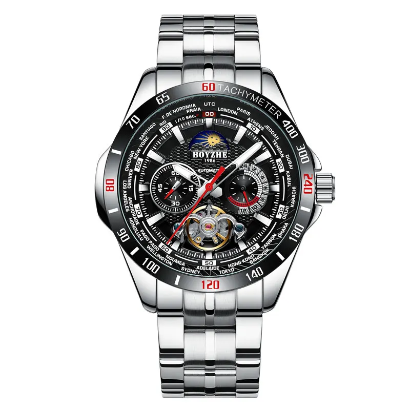 

Men Automatic Mechanical Casual Sport Watches Tourbillon Moon Phase Stainless Steel Watches mens relogio masculino BOYZHE