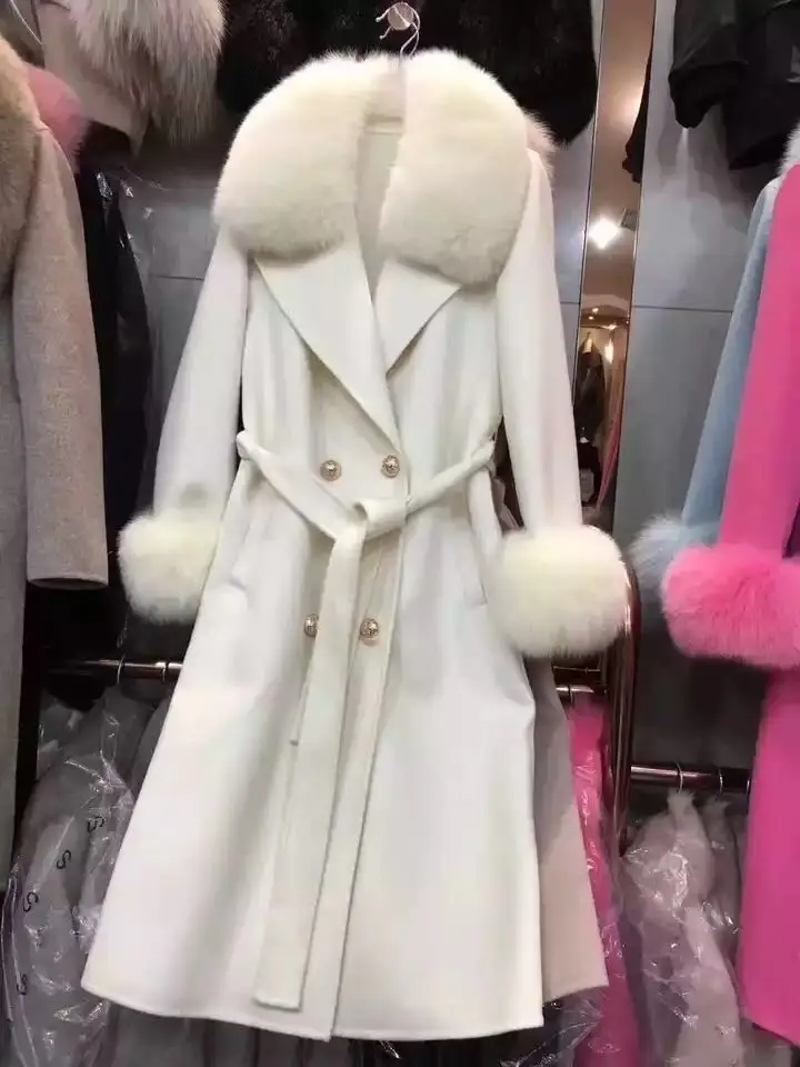 Новое поступление, теплое модное женское пальто с длинным рукавом, Воротник из натурального Лисьего меха, двубортная женская зимняя куртка с поясом