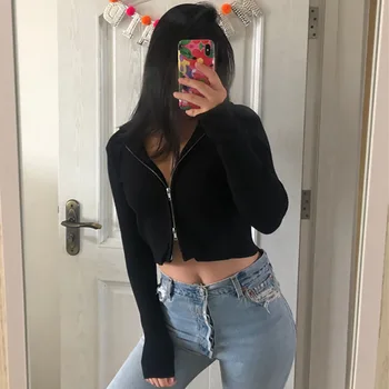 

New Ins Autumn and Winter Personality Double Zipper Hooded Solid Color Sweater Was Thin and Exposed Navel Long-sleeved