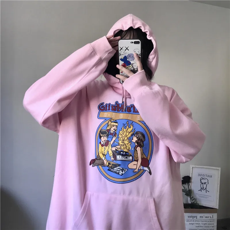 Lychee Harajuku, свободные женские флисовые толстовки с капюшоном, с изображением пламени, Женские флисовые толстовки с капюшоном, осенние женские флисовые пуловеры с капюшоном