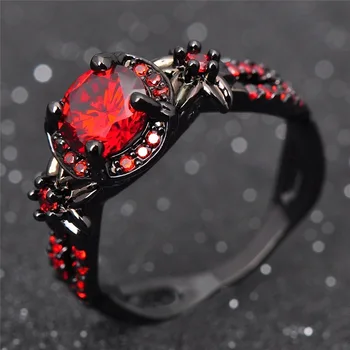 

Fashion Flower Shiny Red Ring Red Garnet Women Charming Engagement Jewelry Black Gold Filled Promise Rings Bijoux Femme