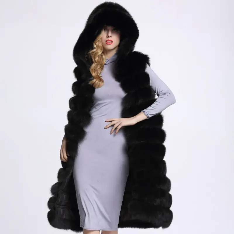 Women's New Winter Faux Fur Vest Fashion Hooded Imitation Fox Fur Vest Female Slim Fit Long Section Sleeveless Waistcoats D532