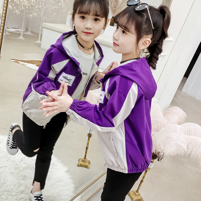 

2019 Autumn New Style Kids' Overcoat Korean-style Girls Mixed Colors Hooded Sports Jacket Big Boy Short Tops