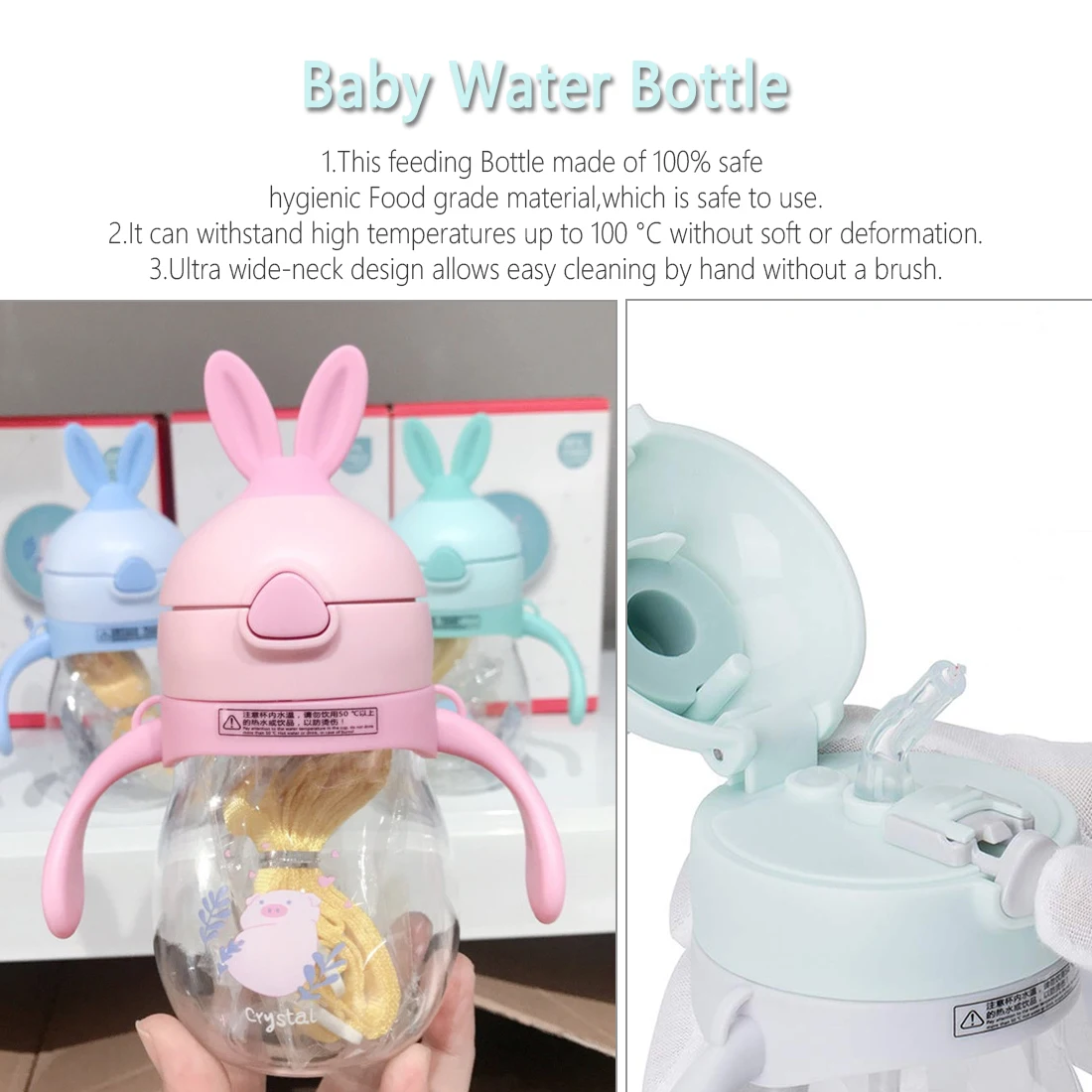 

1Pcs 270ml Baby straw cup Bottle soft ear water cup Air Vent Wide Neck Natural Nursing Feeding Bottle Infant Baby Care Bottle