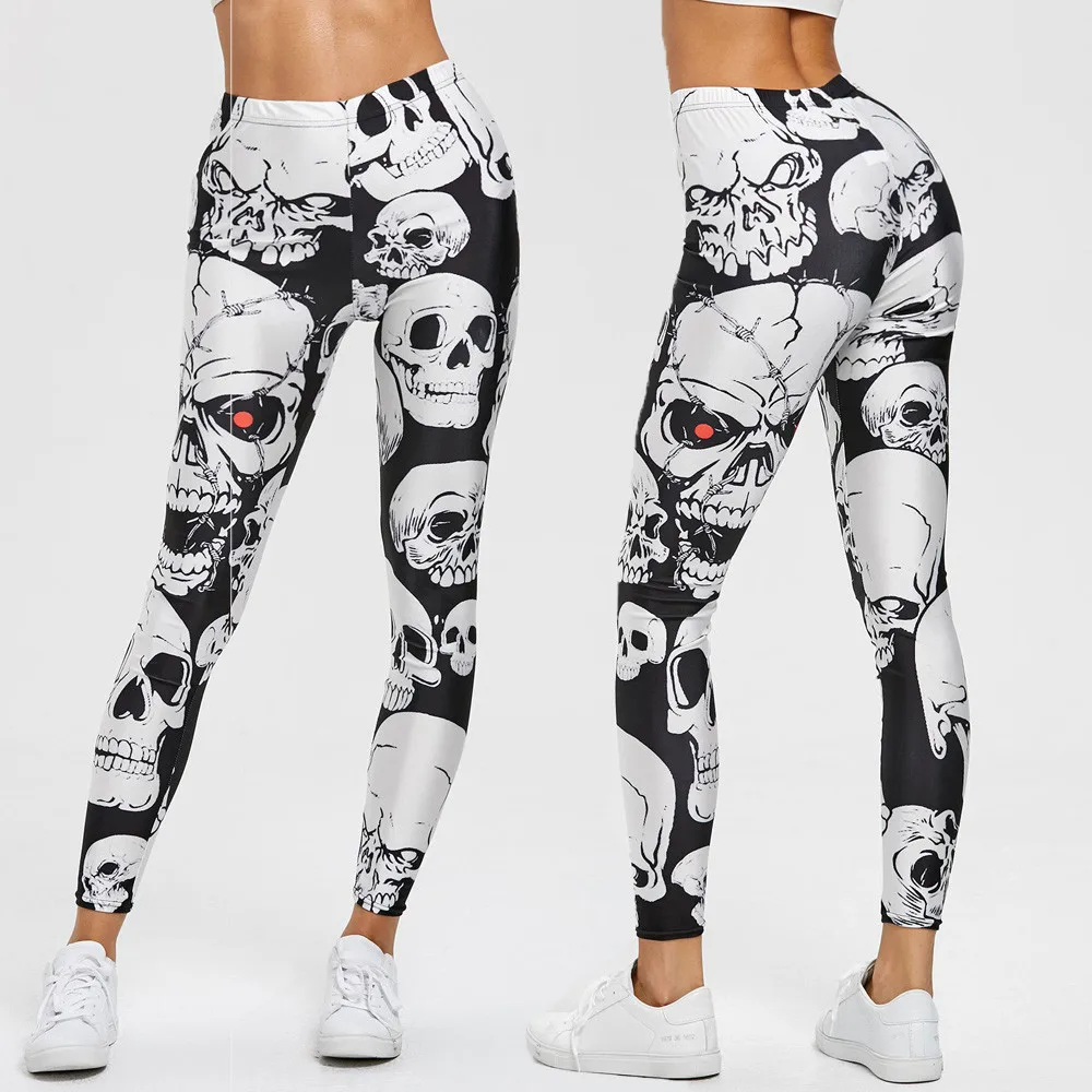 thigh highs 30H Women Skull Print Sports Leggings Workout Gym Sports Pants Stretch Sexy Leggins Fitness Long Trouser  штаны ropa de mujer black leggings