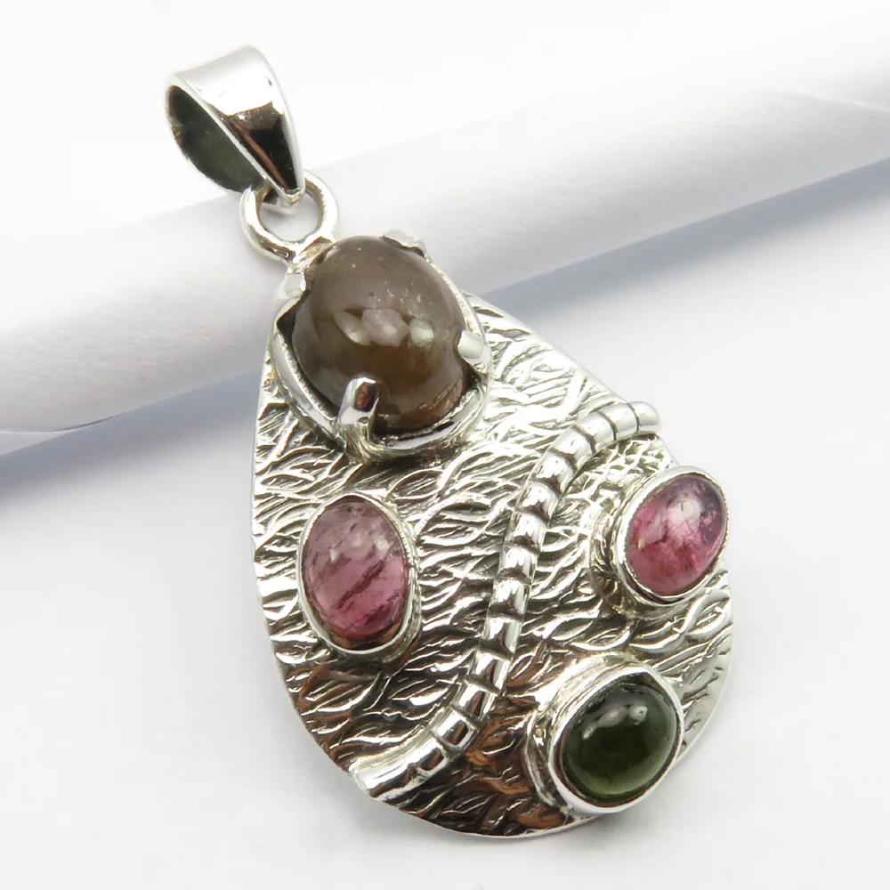 

Solid Silver Cab Tourmaline Pendant 1.4" Collectible Gem Stone Jewelry