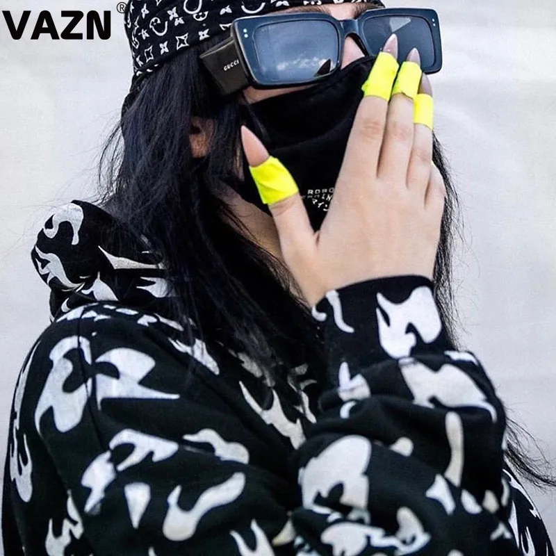VAZN, зеленый принт, Новинка осени, Повседневная Толстовка, женская, полный рукав, с капюшоном, толстовка, женская, с открытыми плечами, короткая, толстовка