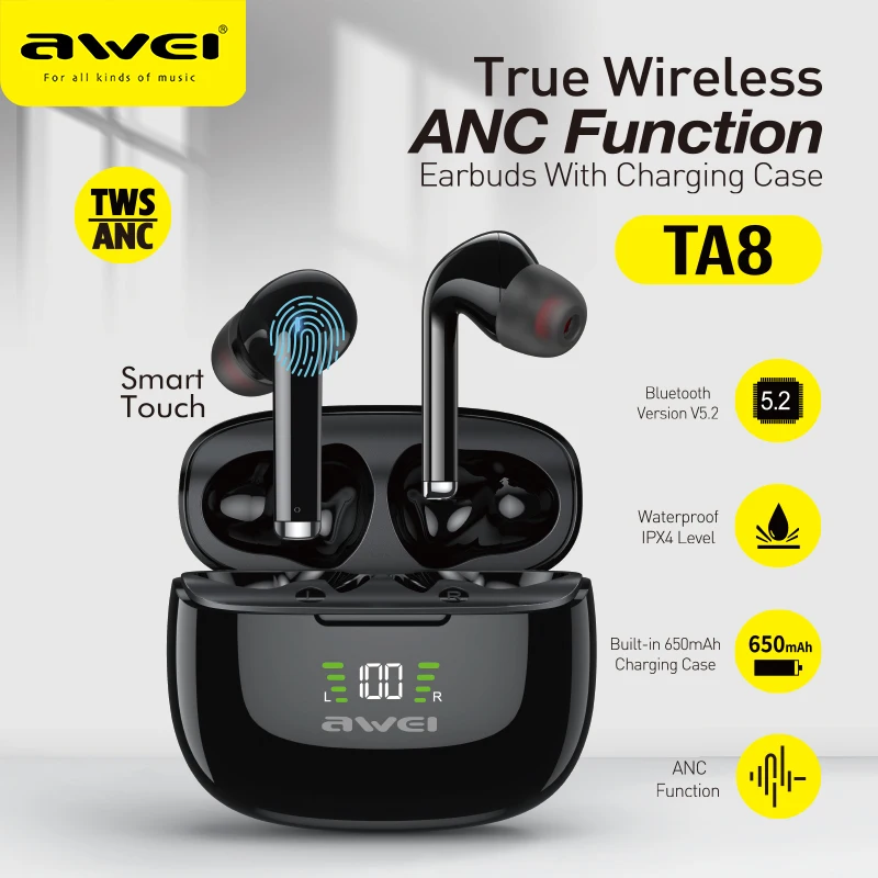 Awei TA8 ANC bluetooth-совместимая 5 2 Спортивная гарнитура с шумоподавлением Type-C Earbud Gamer TWS