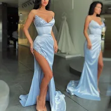 Sexy Scoop Frauen Abendkleid Meerjungfrau 2021 Pailletten Side Hohe Split Licht Blau Lange Prom Kleider Ärmel Vestidos De Noche