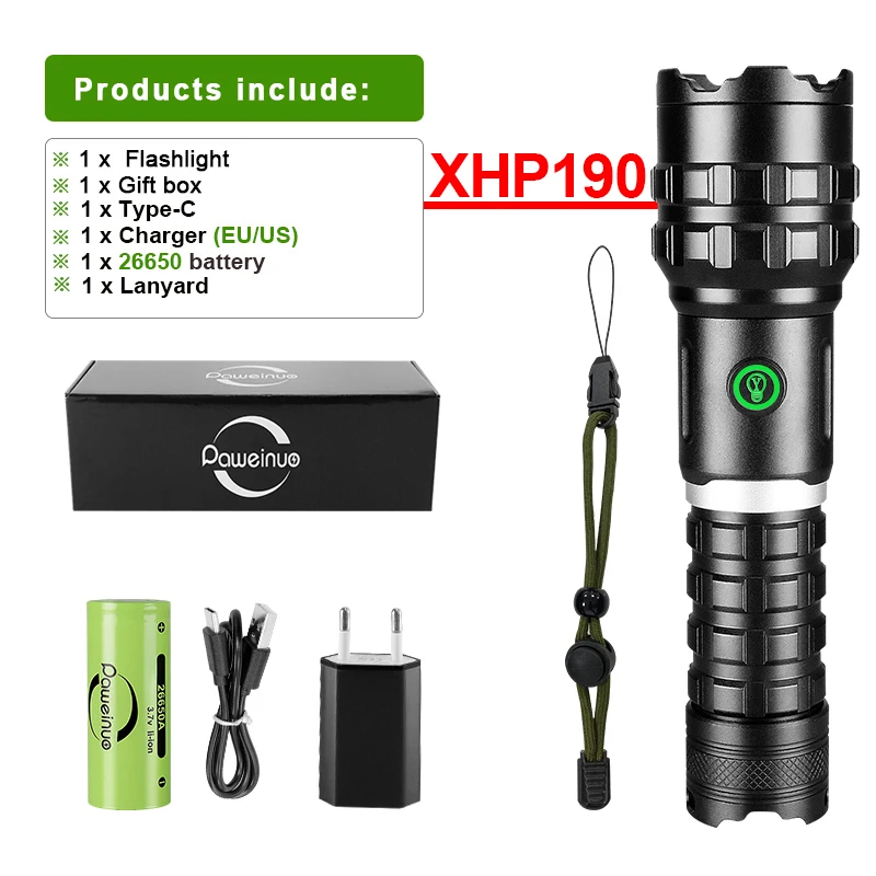 XHP190 Powerful Flashlight 26650 Super High Power Rechargeable Led Flashlights XHP90.2 Tactical Torch Waterproof Camping Lantern high powered flashlights Flashlights