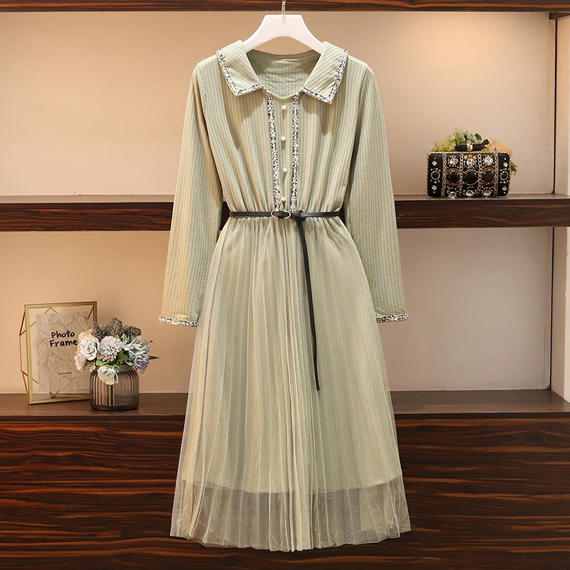 

The New Korean Version Of The Autumn Dress In 2019 Is A Slim Dress With Large Size, Slight Fat Mm Mesh And Red Mesh Yarn Splicin