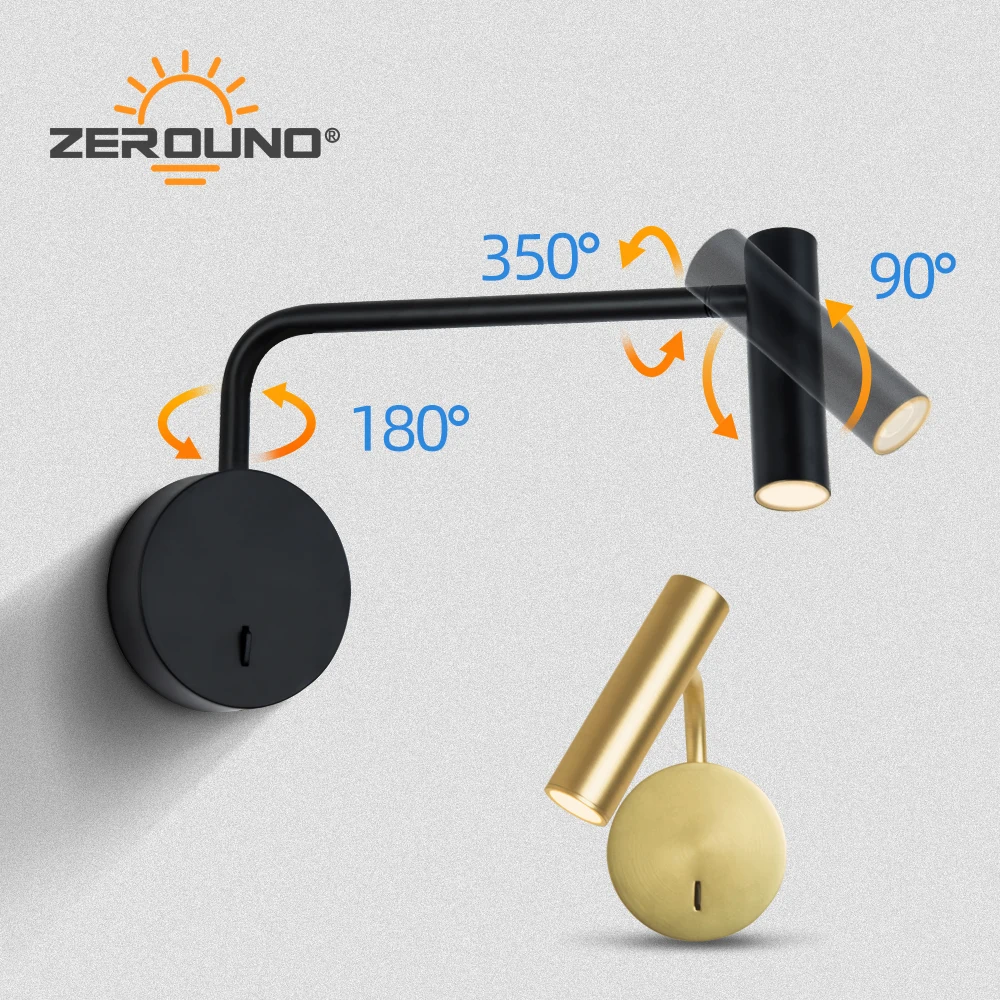 Online ZEROUNO hogar decoración moderna dormitorio lámpara de pared Brazo giratorio con interruptor LED 3W luz de lectura noche para cabecera interior de casa