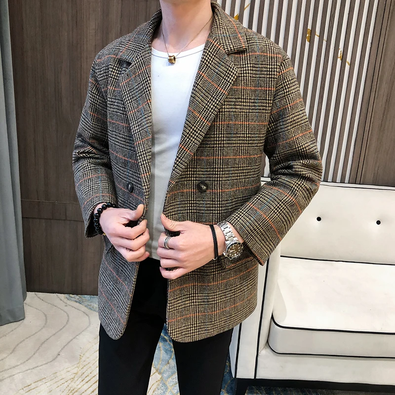 

British Style Men Woolen Jacket Winter New Double Breasted Windbreaker Fashion Retro Tartan Jackets Man Slim Short Jacket Trench