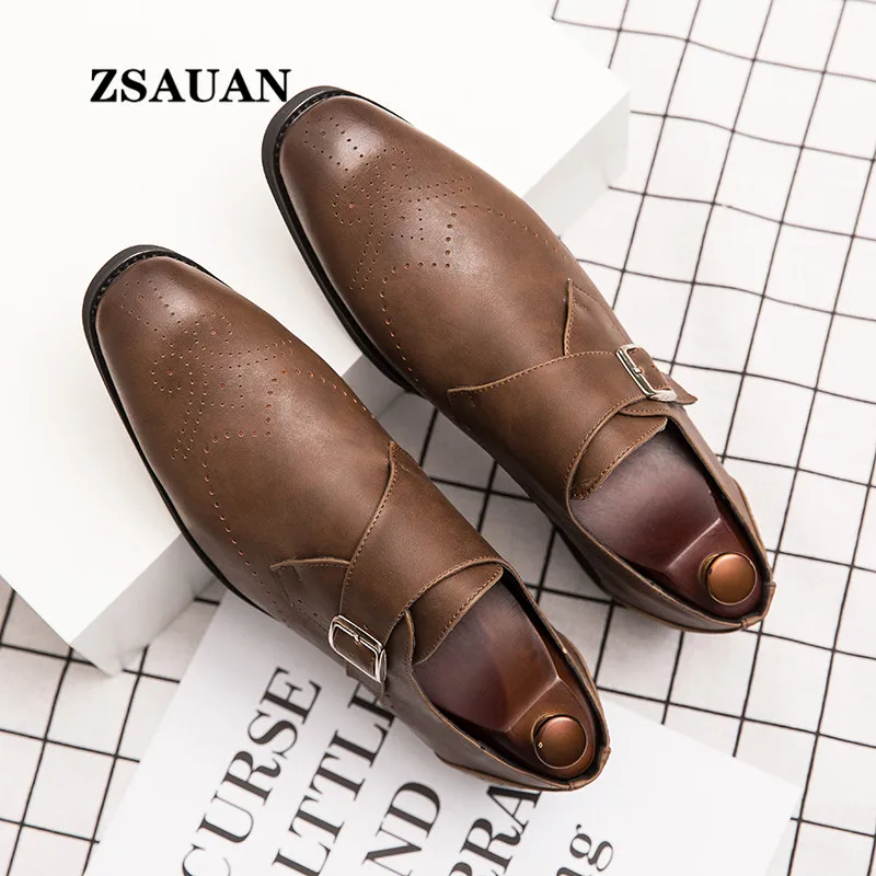 

ZSAUAN Dropshipping 38-46 Men Brogue British Oxford Formal Shoes Male Gentleman Leather Retro Party Wedding Shoes Buckle Strap