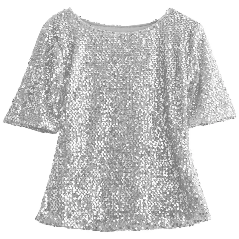 Модная женская футболка с длинным рукавом весна осень с открытыми плечами свободная Блестящая футболка для женщин топы с блестками футболка - Цвет: Серебристый