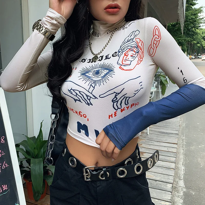 

Womens Autumn Long Sleeve Top Personality Print Pattern Half High Neck Exposed Navel T-shirt