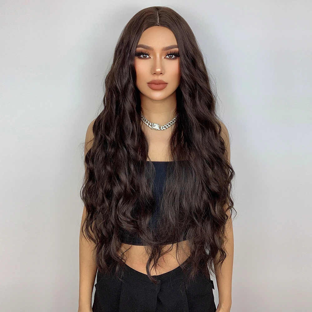 HENRY MARGU Dark Brown Wave Wigs Long Synthetic Wavy Natural Hair Temperature Wigs For Black/White Women Daily Cosplay Wigs