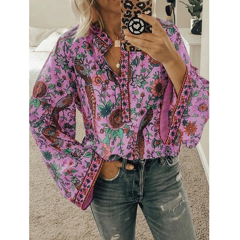 long sleeve tops 2020 Hot Sale Women Boho Blouses Ladies Fashion Print Floral Shirt V-Neck Peacock Print Shirts Female Casual Loose womens blouses