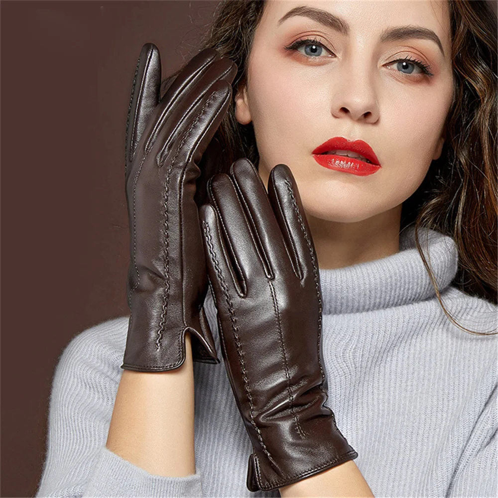 Genuine Leather Gloves Women Sheepskin Leather Gloves Winter Warm Short