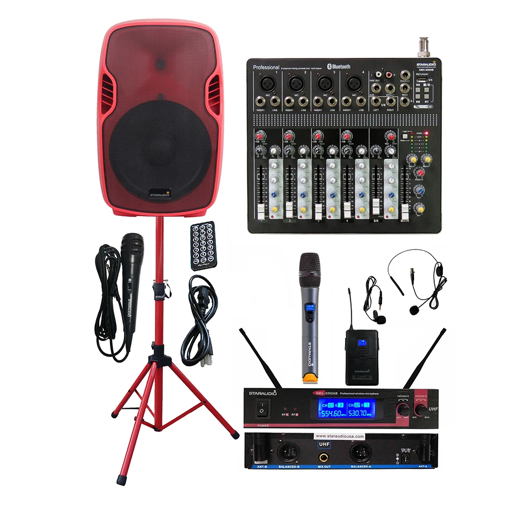

STARAUDIO 3500W 15" PA Powered Active Speaker DJ Stand 6CH Mixer System 2CH UHF Wireless Handheld Headset Microphone SSRM-15