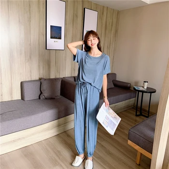 

Home service summer suit net red pijamas simple fashion female loose large size was thin casual ice silk blue night gown suit