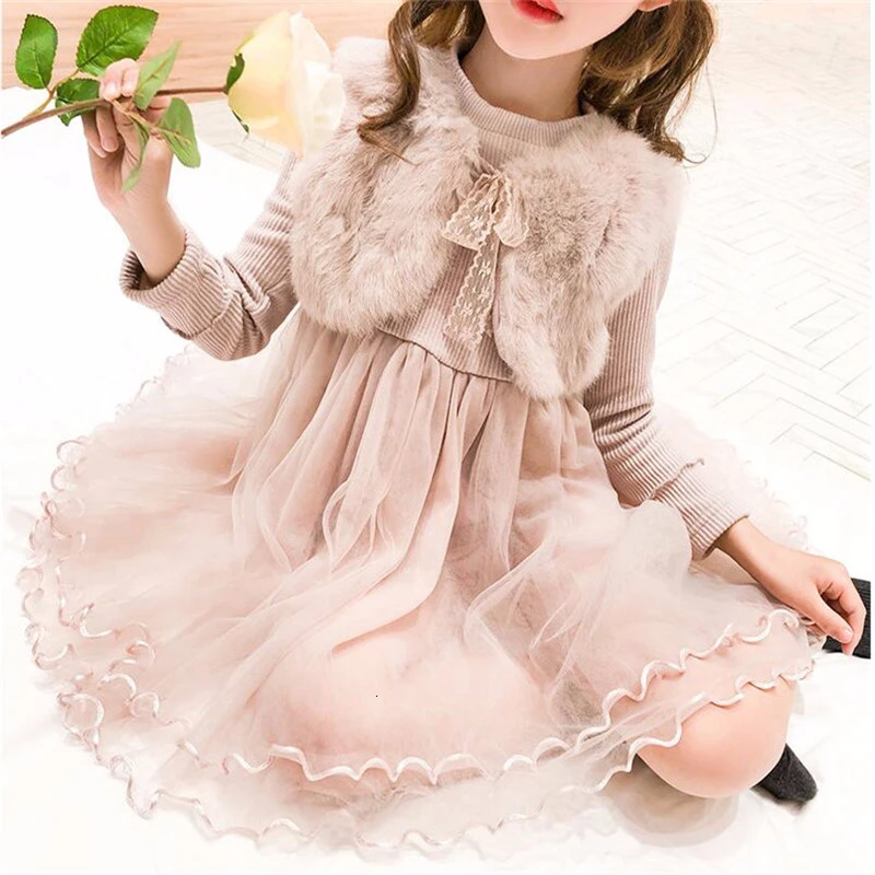Cute Princess Lace Dress for Autumn Children Wedding Party vestidos Clothes Fur Kids Dresses for Girls Winter Ball-Gown Clothing
