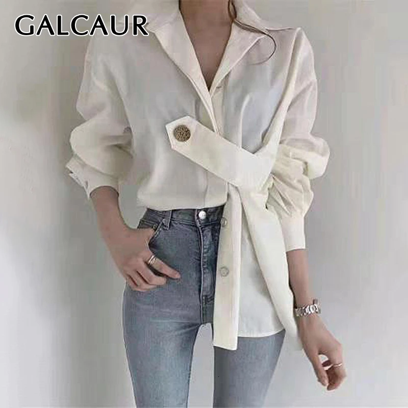 GALCAUR Корейская необычная Лоскутная рубашка для женщин, воротник с лацканами, рукав-фонарик размера плюс, свободные женские блузки, мода, новинка