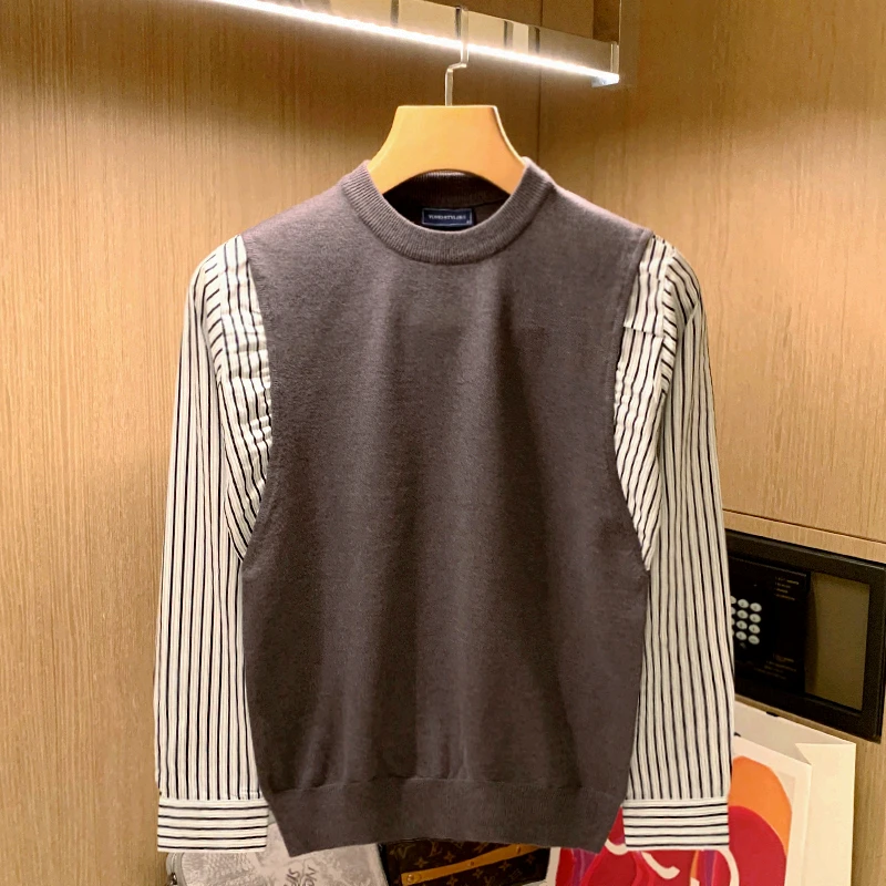 

Men 2021 Autumn Fashion Retro O-neck Casual Sweater Tops Men Striped Stitching Knitted Male Long Sleeve Slim Pullovers W742