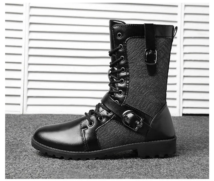 Winter Men Motorcycle Boots Fashion Mid-Calf Punk Rock Punk Shoes Mens BootsLeather Black High top Casual Boot Man