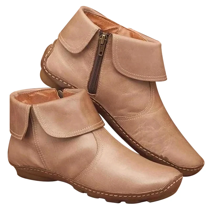 

New 2019 Autumn Winter Female Retro PU Leather Boots Round Toe Side Zipper Warm Waterproof Casual Women Ankle Boots BS88