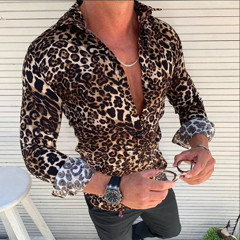 Новинка, стильные модные вечерние рубашки с леопардовым принтом для клубов и свадеб, мужские рубашки с длинным рукавом, повседневные блузки с пантерой, мужские топы