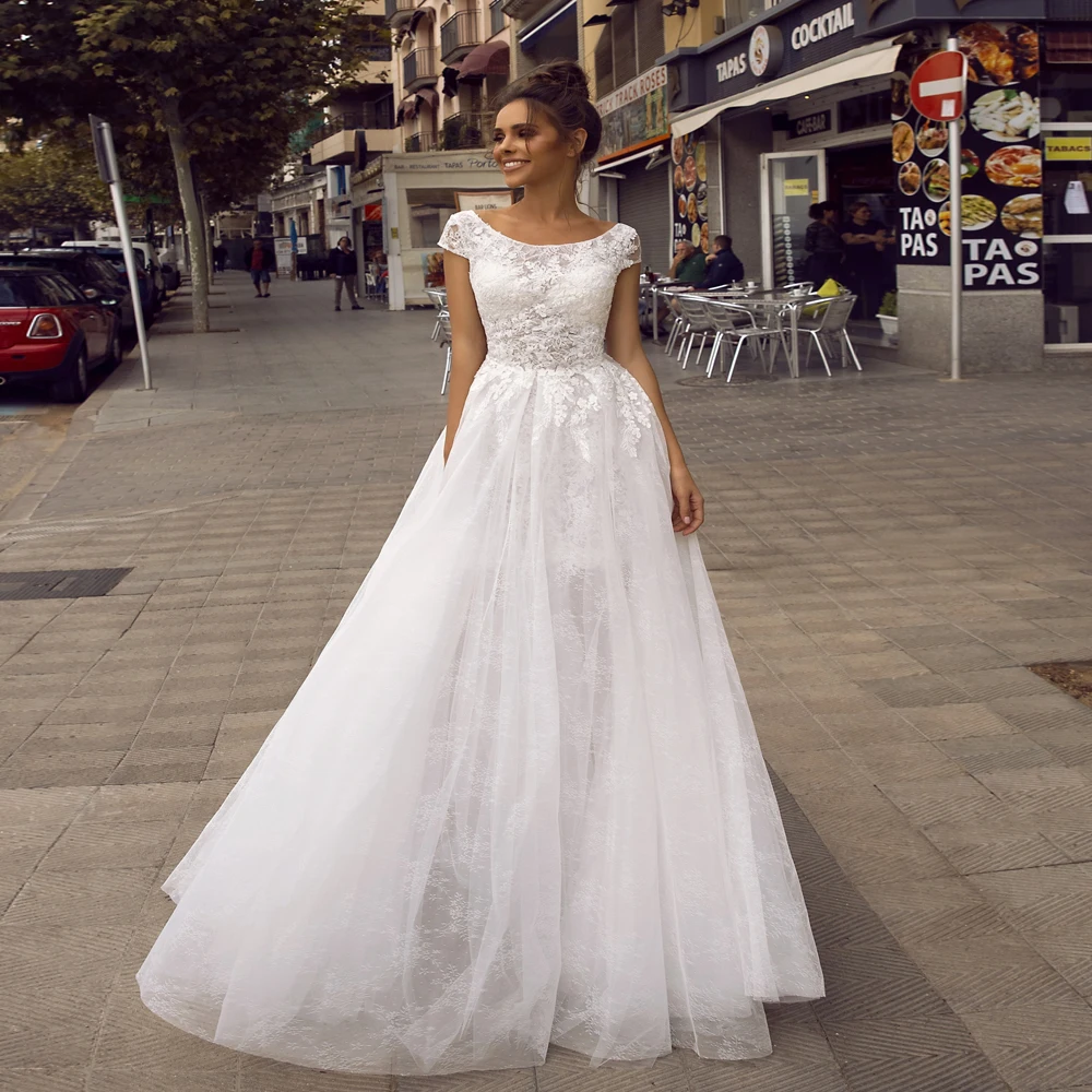 

New Arrival Scoop Short Sleeves Wedding Dresses 2020 Custom Lace Applique A Line Vestido De Noiva Open Back Bridal Gown