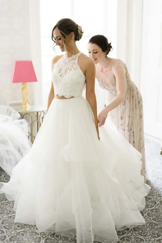 

Two Pieces In One Gown Lace Wedding Dresses Jewel Neckline Bridal Dress Ruffles Removable Train Vestidos De Novia