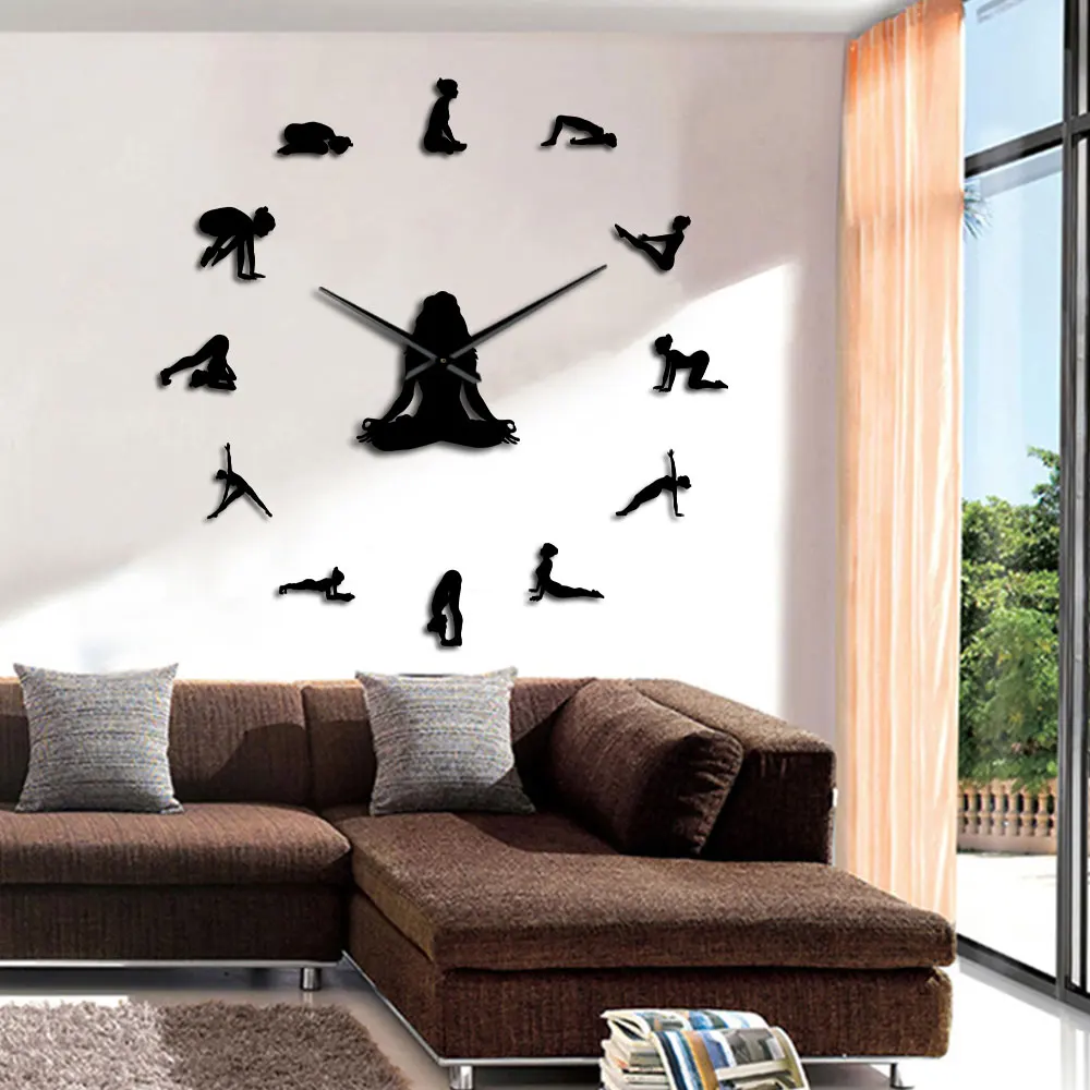 Йога позы DIY бескаркасные гигантские настенные часы найти свой баланс медитация настенное искусство домашний декор современные большие часы внимательность подарок