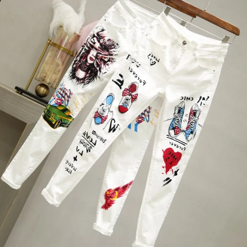 Корейская Новая мода мультфильм печати джинсовые широкие брюки повседневные женские брюки белые обтягивающие джинсы длиной до щиколотки