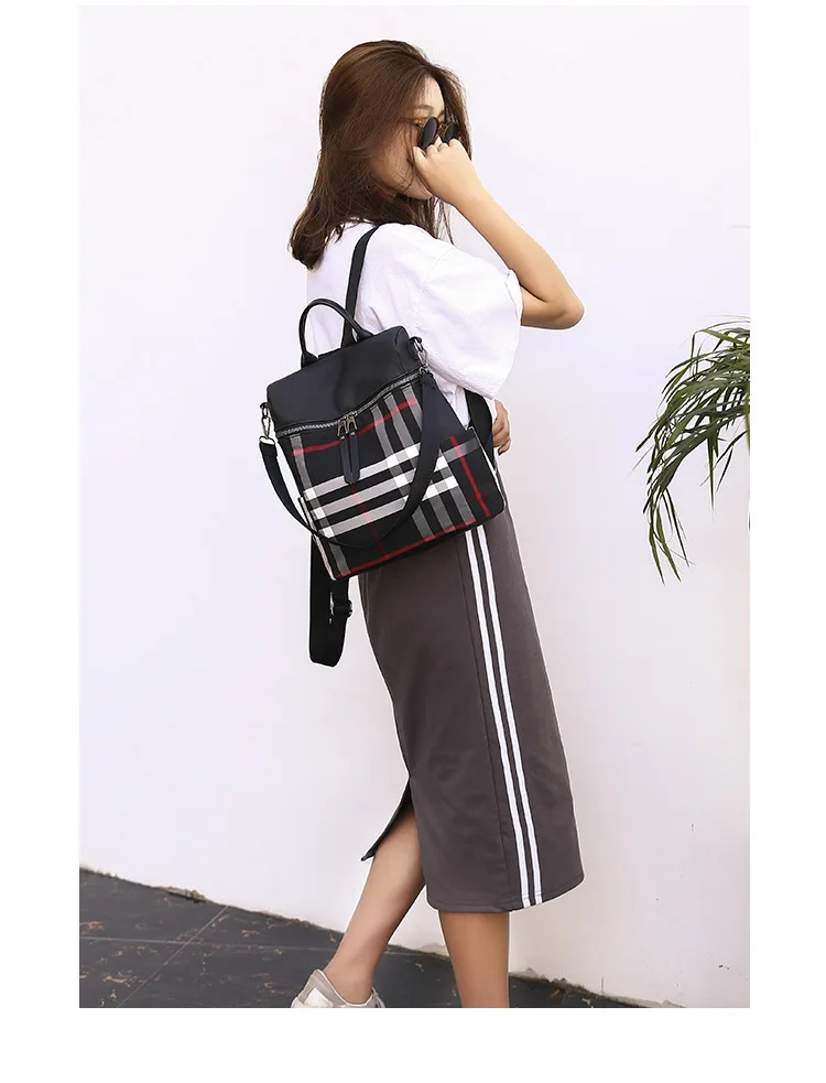 Korean New Style Waterproof Oxford Cloth Backpack WOMEN'S Bag Travel Versatile Canvas Plaid Backpack Dual Purpose School Ba