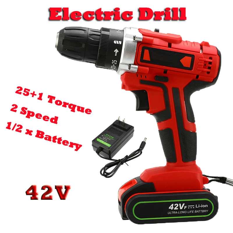 Electric Drill Cordless Screwdriver 42V 110-240V Lithium Battery LED Light Mini DIY Wireless Power Driver 2-Speed Power Tools