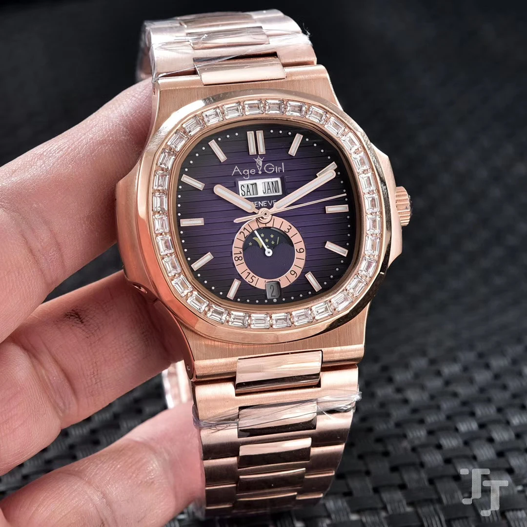 

Famous Brand New Men Automatic Mechanical Watch Stainless Steel Moonphase Daydate Sapphire Rose Gold Diamond Dual Time Zone AAA+